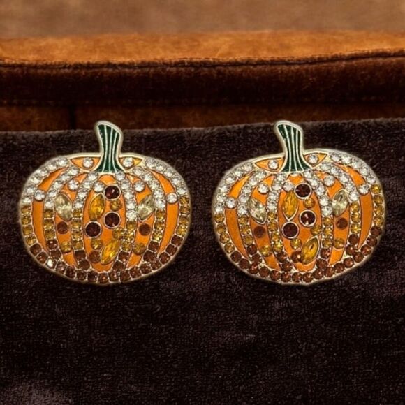 Large RhinestoneāPumpkin Earrings Fall Jewelry Pierced Ears Stud Posts Halloween - Picture 9 of 9